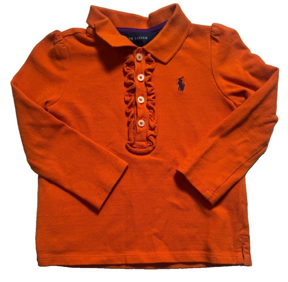 Ralph Lauren Girls 24M Orange Ruffle Polo Shirt Long Sleeve Pony Logo Cotton